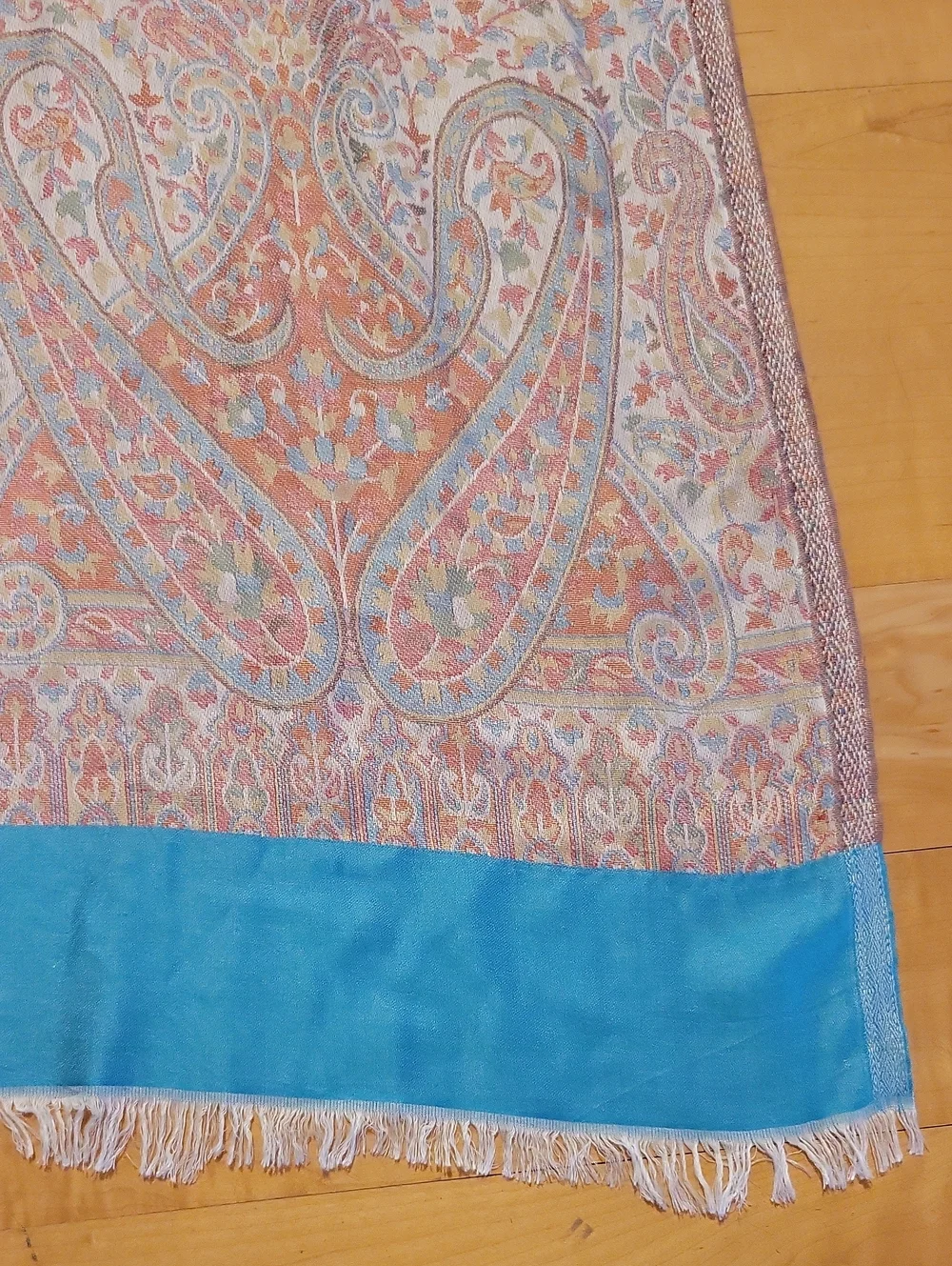 Vintage Teal Paisley Fringe Scarf Wrap 100% Silk India